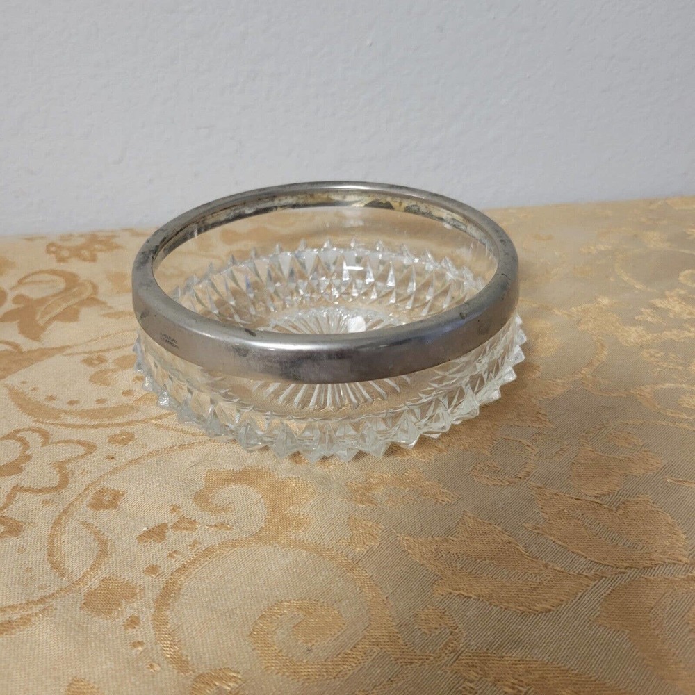 VINTAGE LARGE DIAMOND CUT GLASS LEAD CRYSTAL BOWL W/ SILVER RIM - 8.5" x 3.25"